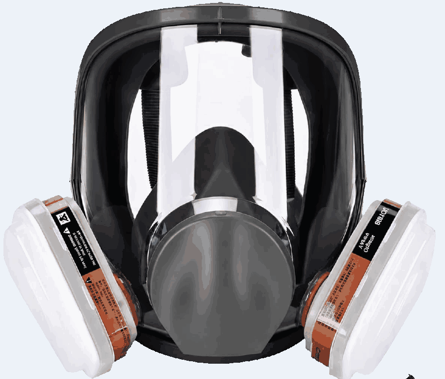 Black reusable full-face respirator with a wide anti-fog lens and twin cartridges fitted.