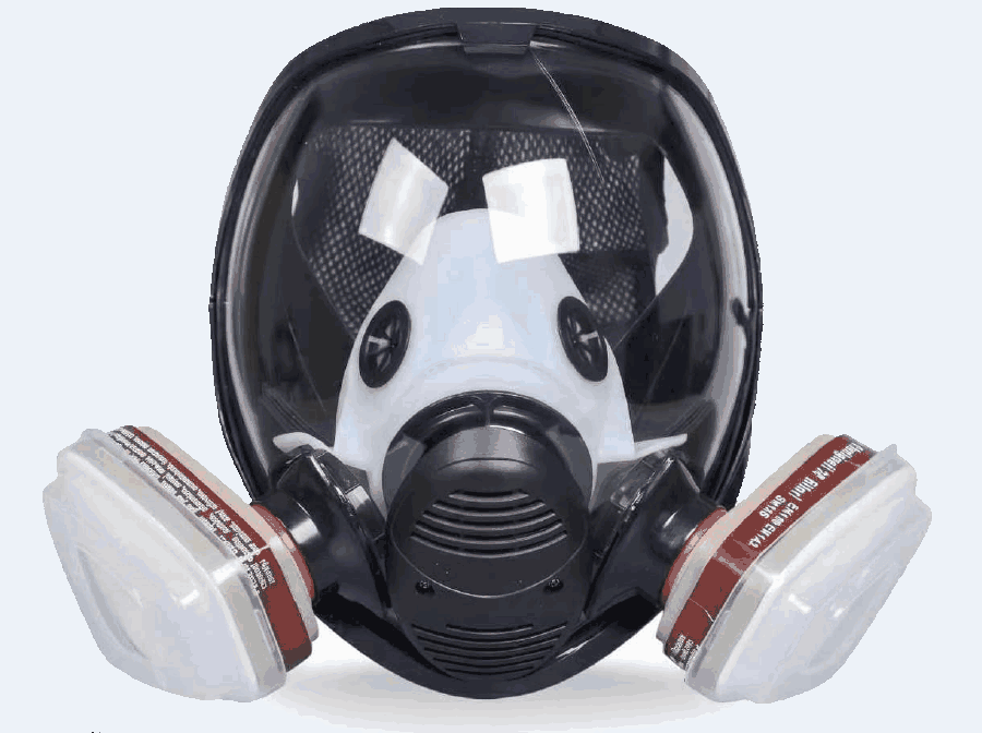 Full-face reusable respirator with a spherical wide-view lens and twin snap-on cartridges.