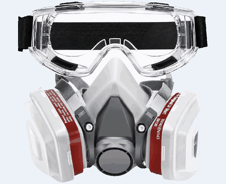 Reusable half-face respirator with twin cartridges, shown with matching safety goggles.