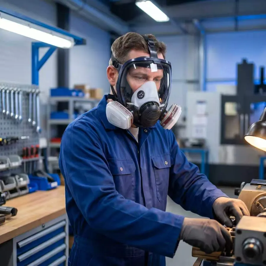 A technician in blue workwear wearing a full-face reusable respirator while operating machinery in a workshop.