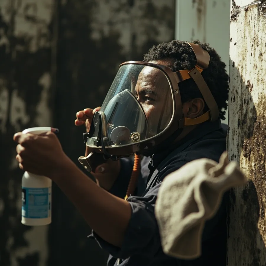 A man wearing a full-face respirator with a clear visor while cleaning a bathroom wall.