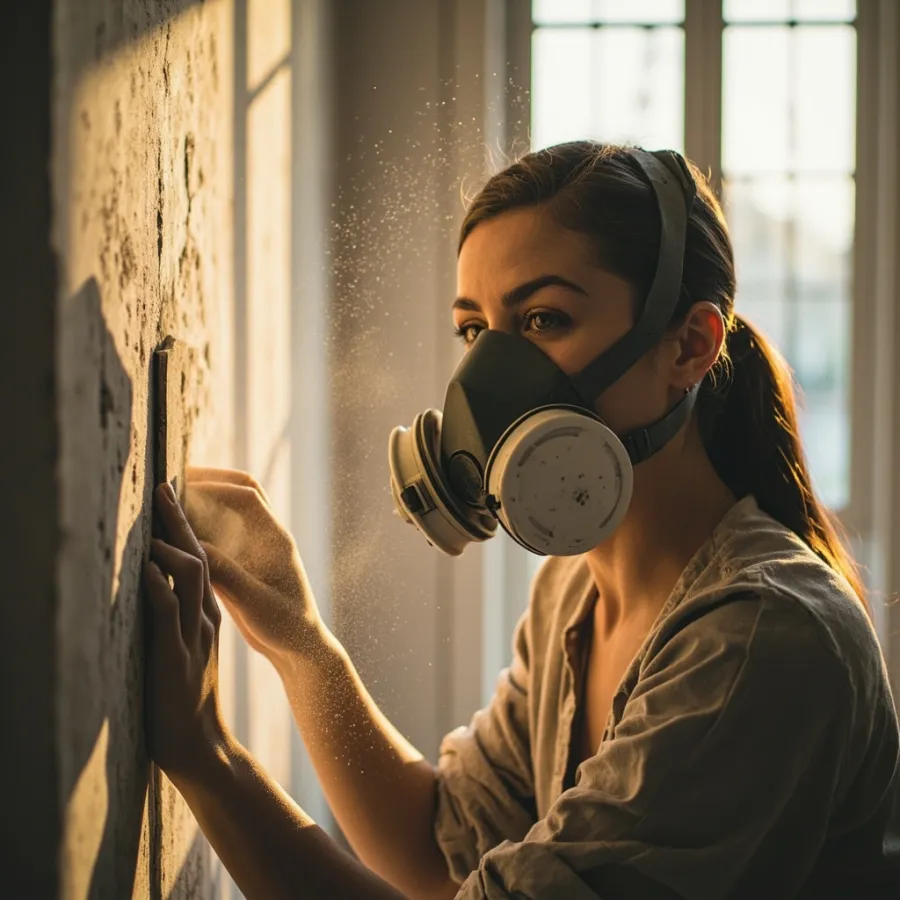 A woman wearing a half-face respirator with twin cartridges while sanding a plaster wall during a renovation.