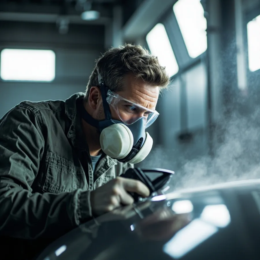 A man in workwear wearing a half-face respirator with twin cartridges and safety goggles, spray painting a car panel in a body shop.